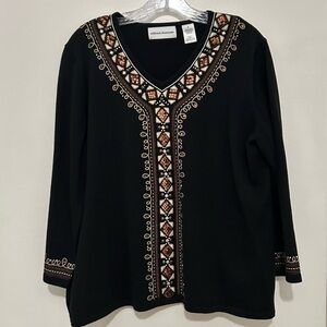 Alfred Dunner Women's Black and Gold Embroidered Blouse V-neck Boho Size M